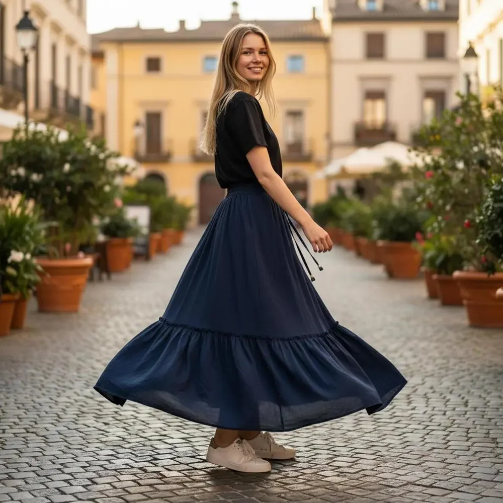 Womens Navy Blue Tiered Maxi Skirt with Drawstring Waist